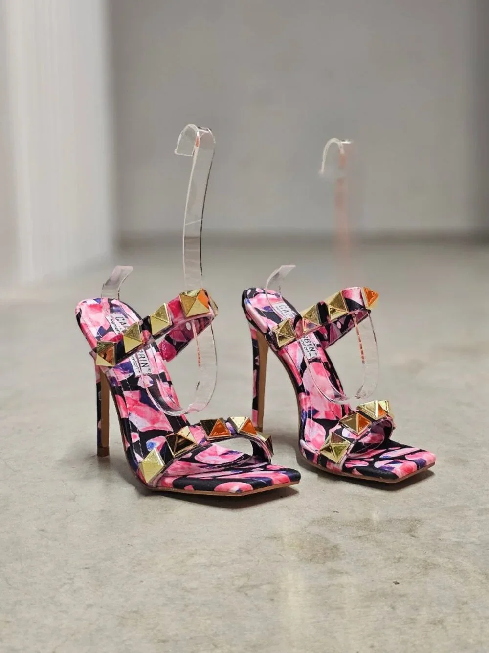 Pink & Gold Studded High Heel Sandals With Floral Pattern Open Toe Stiletto Heel - Picture 5 of 13